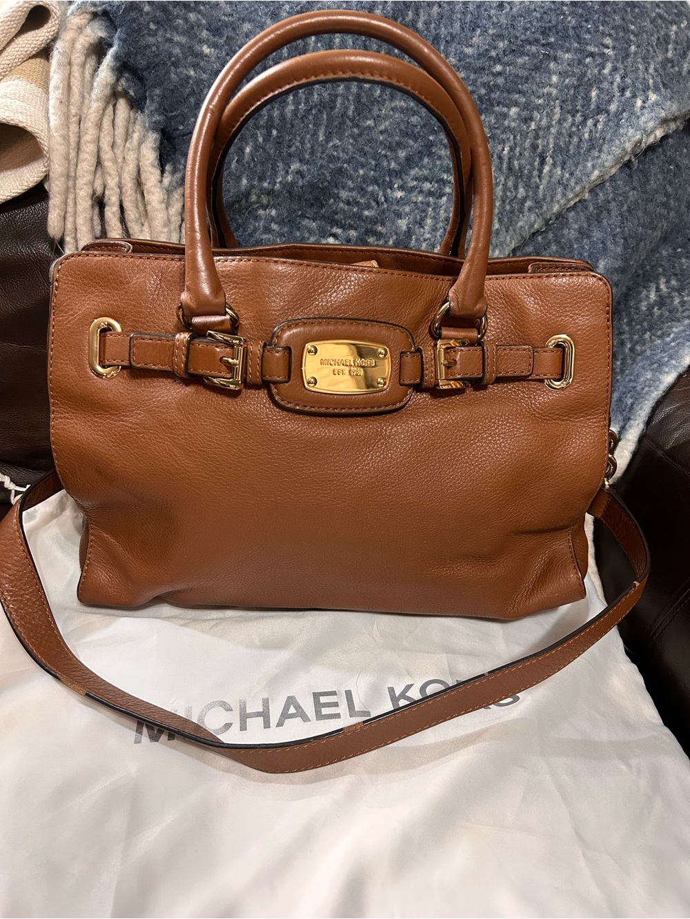 Michael Kors Cognac pebble Leather Satchel with Gold Hardware
